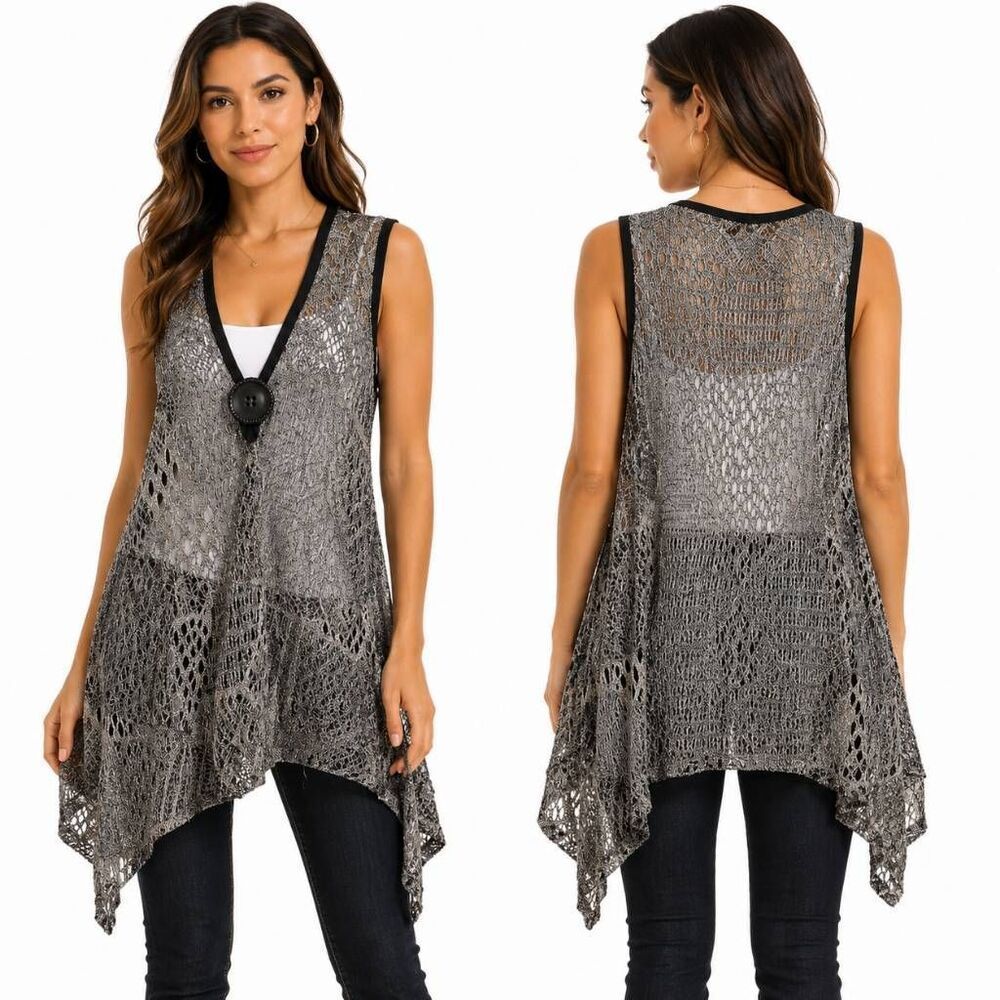 Lily Black Sheer Knit Vest Medium Button Front